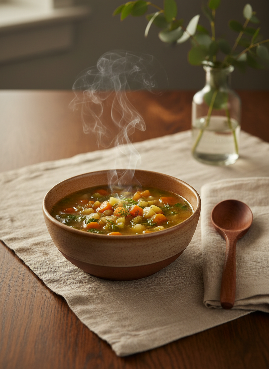 An inviting dining table scene showcases a rustic ceramic bowl of simple, elegant food: warm vegetable soup with visible herbs, steam curling upward in delicate wisps. The bowl sits on a natural linen runner atop a dark oak table, with a wooden spoon resting neatly beside it and a folded cotton napkin nearby. In the softly blurred background, a vase with understated greenery adds height and calm. Late afternoon natural light streams from the side, creating gentle highlights on the bowl’s glaze and subtle reflections on the broth. Photographic realism, captured from a slightly elevated angle with rule-of-thirds composition, evokes warmth, gratitude, and the quiet joy of everyday nourishment.