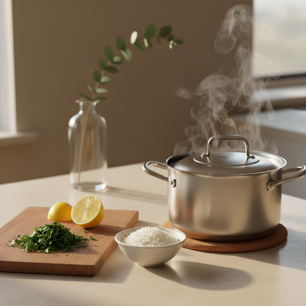 A kitchen counter in photographic realism displays the quiet poetry of a family meal in progress: a wooden cutting board with finely chopped herbs, a halved lemon, and a simple white ceramic bowl filled with freshly cooked rice, each grain distinct. A stainless-steel pot rests on a trivet nearby, lid tilted just enough to reveal rising steam. The countertop is a light stone with subtle veining, and in the softly blurred background, a vase with a single stem of greenery adds height. Soft, directional evening light from an unseen window creates gentle highlights on metal and ceramic surfaces, evoking a warm, sophisticated mood of shared nourishment and personal rituals around food.