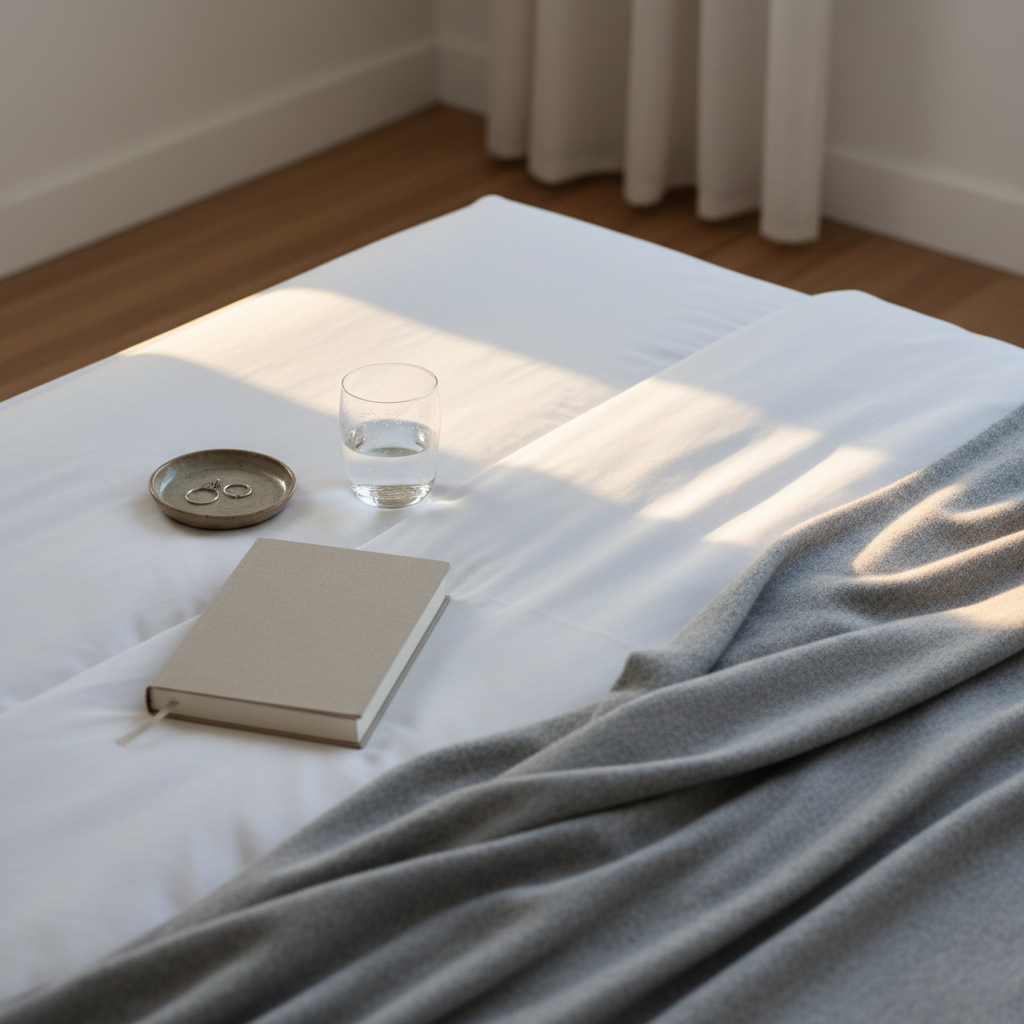 A neatly made bed in a serene bedroom features crisp white cotton sheets and a soft, heather-gray blanket casually folded at the foot. On the bedside table, a small ceramic dish holds a pair of simple earrings, next to a glass of water beaded with condensation and a closed linen-covered book with no visible text. Warm, diffused golden-hour light seeps in through sheer curtains, tracing gentle patterns across the bedding and oak floorboards. The composition is minimalist and photographic, shot from a slightly elevated corner angle with a shallow depth of field, suggesting the intimate, private space where evening reflections on family, growth, and the day’s journey quietly unfold.