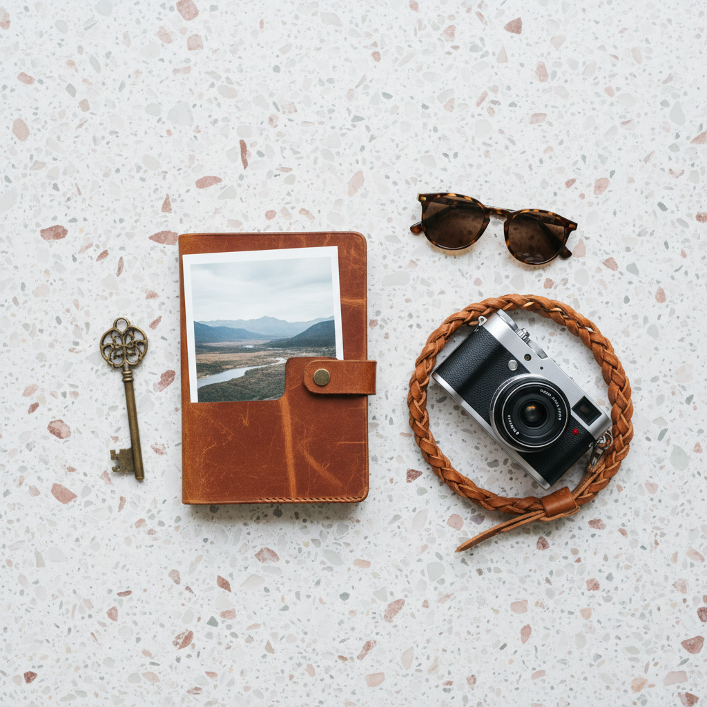 A small travel still life is arranged on a pale terrazzo surface: a closed, scuffed leather notebook, a vintage-style metal key, a pair of folded tortoiseshell sunglasses, and a compact mirrorless camera with a braided strap coiled around it. A printed photograph of a scenic landscape peeks from the notebook’s edge, its details softly blurred to avoid revealing location. Gentle overcast daylight from above creates even, diffused illumination, reducing harsh shadows and enhancing textures of leather, metal, and glass. Framed from a top-down, bird’s-eye view in photographic realism, the layout feels thoughtfully composed yet spontaneous, expressing sophisticated wanderlust and the reflective side of travel without focusing on specific destinations.
