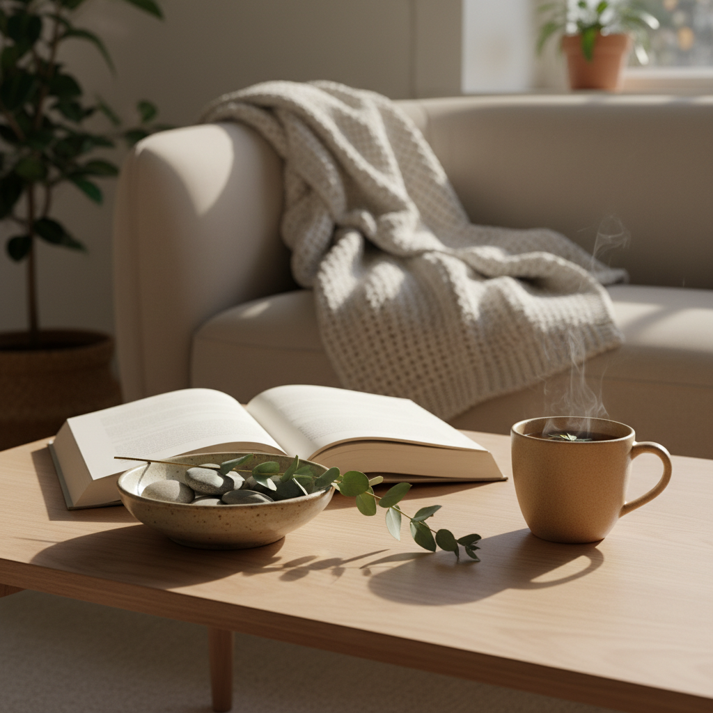 A cozy living room corner features a low, light-wood coffee table with a single, carefully arranged still life: a shallow ceramic bowl containing a few polished river stones and a delicate sprig of eucalyptus, next to an open, textless hardcover book and a mug of herbal tea. A plush, neutral-toned sofa curves softly in the background, draped with a knitted throw. Late afternoon light filters in from the side, catching the edge of the mug and casting intricate shadows from the eucalyptus leaves across the tabletop. Photographic realism, captured at eye level with a gentle bokeh background, creates an atmosphere of calm sophistication, ideal for meditative posts on everyday life and subtle personal transformation.
